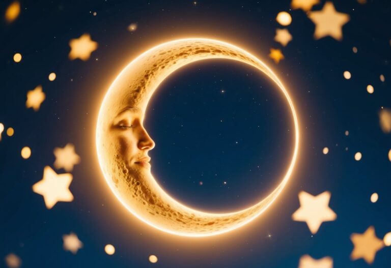 Um sol e uma lua entrelaçados, cercados por estrelas