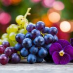 Vários frutos vibrantes: uvas violetas, violetas aveludadas e violetas vibrantes