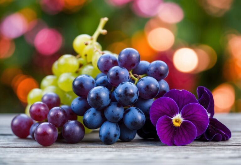 Vários frutos vibrantes: uvas violetas, violetas aveludadas e violetas vibrantes