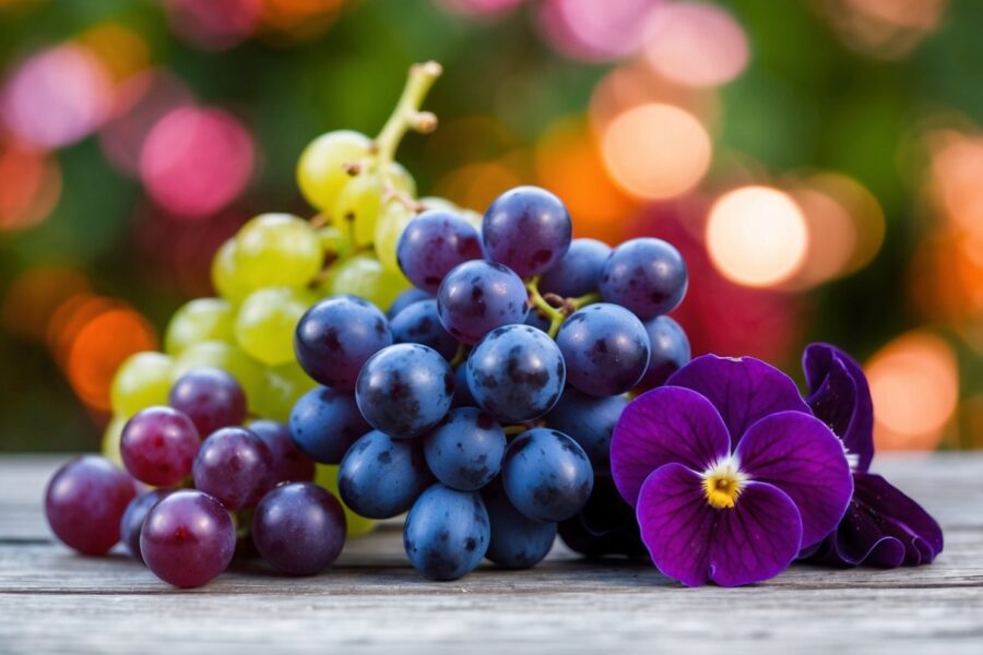 Vários frutos vibrantes: uvas violetas, violetas aveludadas e violetas vibrantes