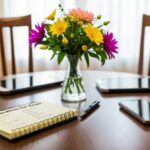 Uma mesa com duas cadeiras, um vaso de flores e um bloco de notas com uma caneta. Um telefone está próximo com uma lista de perguntas intitulada "Melhores Perguntas para o Crush."