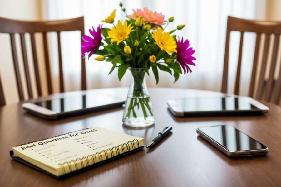 Uma mesa com duas cadeiras, um vaso de flores e um bloco de notas com uma caneta. Um telefone está próximo com uma lista de perguntas intitulada "Melhores Perguntas para o Crush."