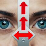 Um par de olhos olhando para uma placa com duas setas apontando em direções opostas