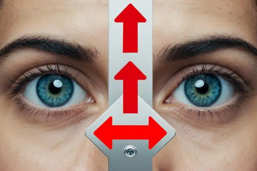Um par de olhos olhando para uma placa com duas setas apontando em direções opostas