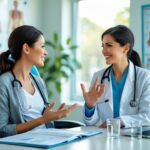 Consulta médica entre uma paciente e uma médica em um consultório moderno e iluminado.