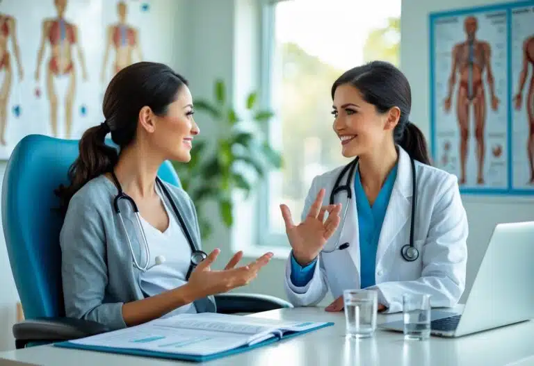 Consulta médica entre uma paciente e uma médica em um consultório moderno e iluminado.