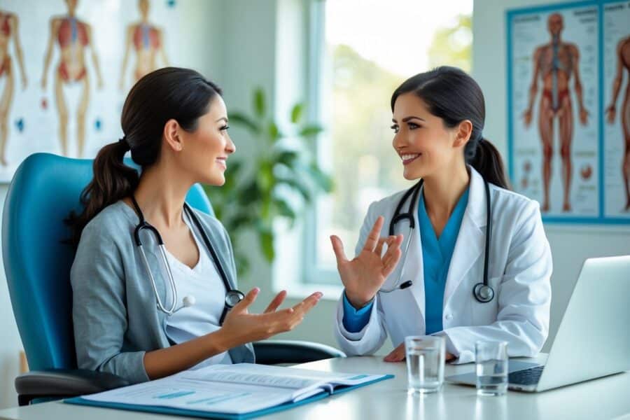 Consulta médica entre uma paciente e uma médica em um consultório moderno e iluminado.