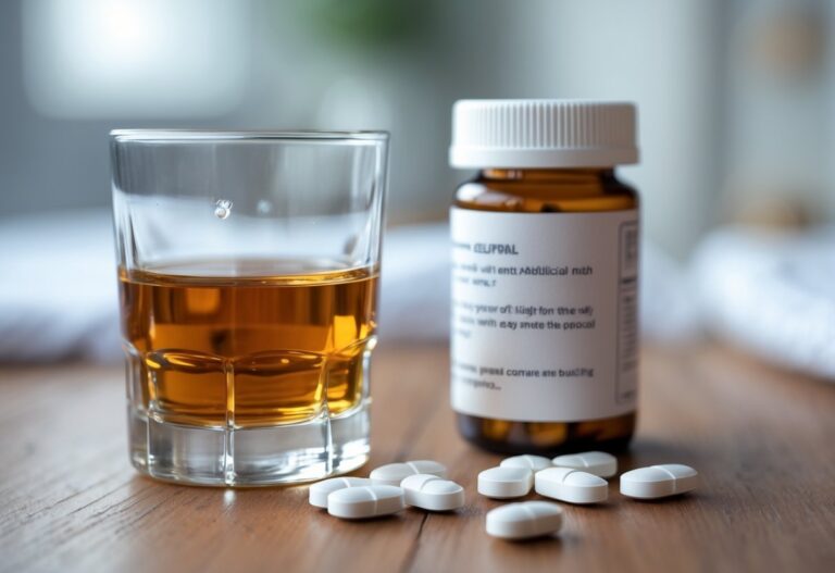 Um copo de bebida alcoólica ao lado de um frasco de remédio com comprimidos sobre uma mesa de madeira.