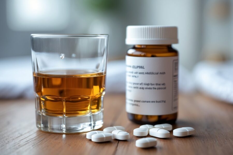 Um copo de bebida alcoólica ao lado de um frasco de remédio com comprimidos sobre uma mesa de madeira.
