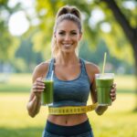 Mulher sorridente vestindo roupa esportiva, segurando um smoothie verde e uma fita métrica ao redor da cintura em um parque ensolarado.