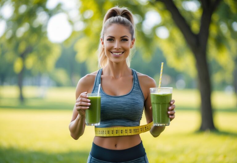 Mulher sorridente vestindo roupa esportiva, segurando um smoothie verde e uma fita métrica ao redor da cintura em um parque ensolarado.