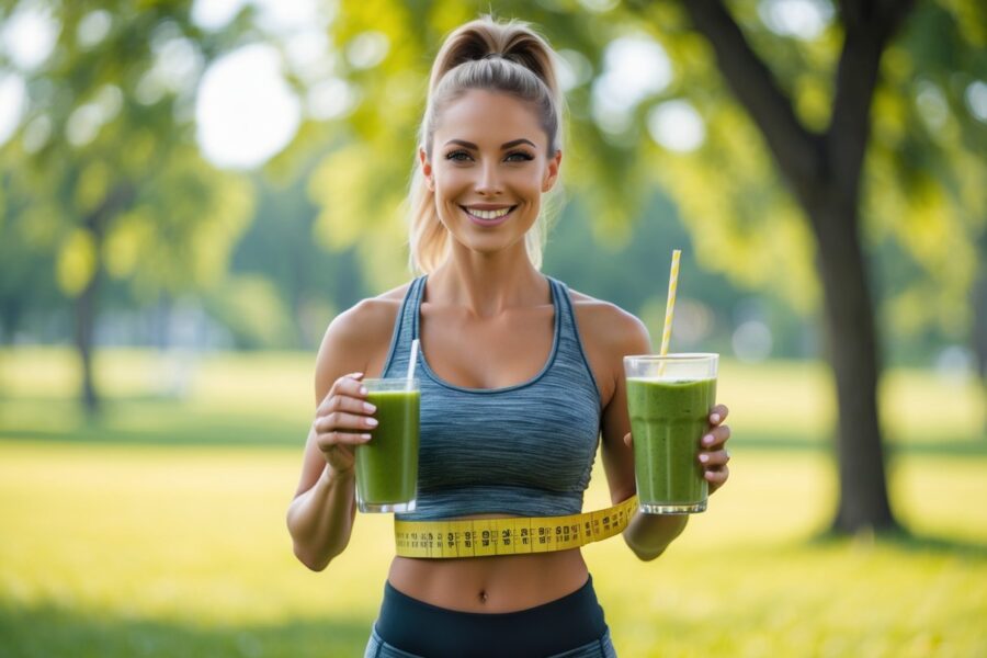 Mulher sorridente vestindo roupa esportiva, segurando um smoothie verde e uma fita métrica ao redor da cintura em um parque ensolarado.