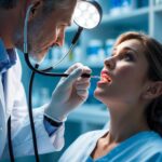 Médico examinando a garganta de um paciente em clínica médica.