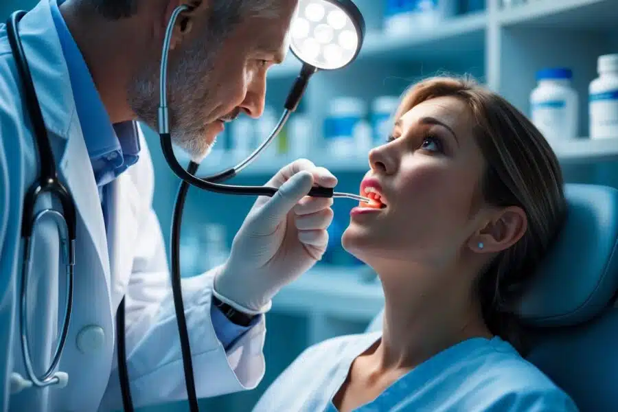 Médico examinando a garganta de um paciente em clínica médica.