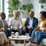 Um grupo diverso de adultos conversando amigavelmente em uma sala de estar iluminada, com ambiente acolhedor e elementos sutis relacionados à saúde.
