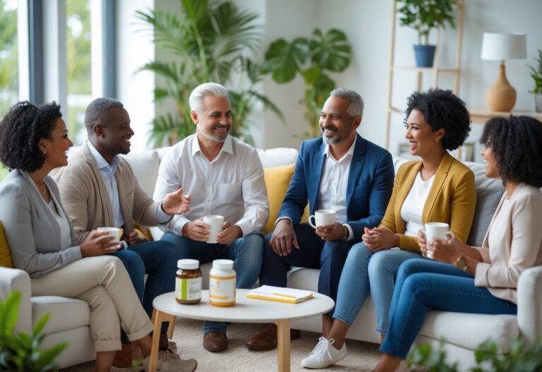 Um grupo diverso de adultos conversando amigavelmente em uma sala de estar iluminada, com ambiente acolhedor e elementos sutis relacionados à saúde.