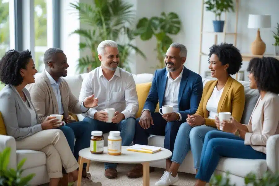 Um grupo diverso de adultos conversando amigavelmente em uma sala de estar iluminada, com ambiente acolhedor e elementos sutis relacionados à saúde.