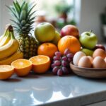 Frutas variadas ao lado de ovos crus sobre uma bancada de cozinha.