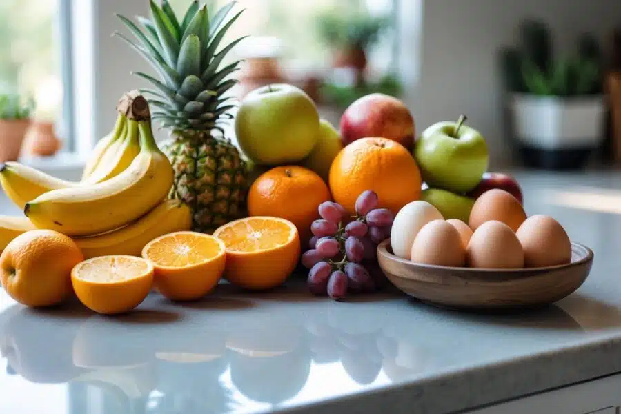Frutas variadas ao lado de ovos crus sobre uma bancada de cozinha.