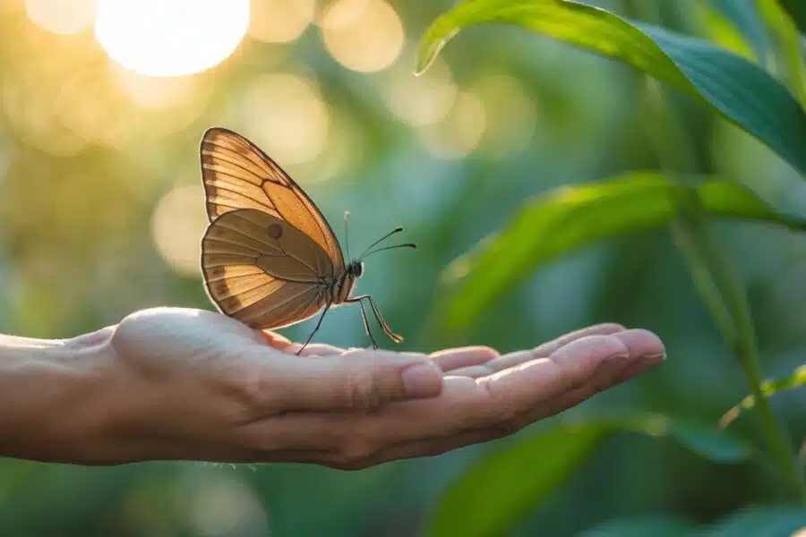 Uma borboleta marrom pousada delicadamente na mão aberta de uma pessoa, com fundo desfocado de folhagem verde.