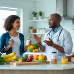 Mulher segurando um frasco de suplemento em uma cozinha moderna, conversando com um especialista em nutrição.