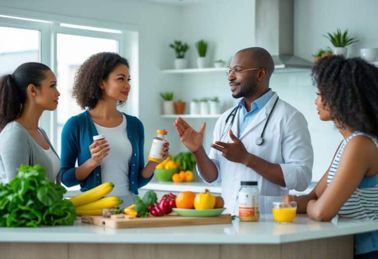 Mulher segurando um frasco de suplemento em uma cozinha moderna, conversando com um especialista em nutrição.