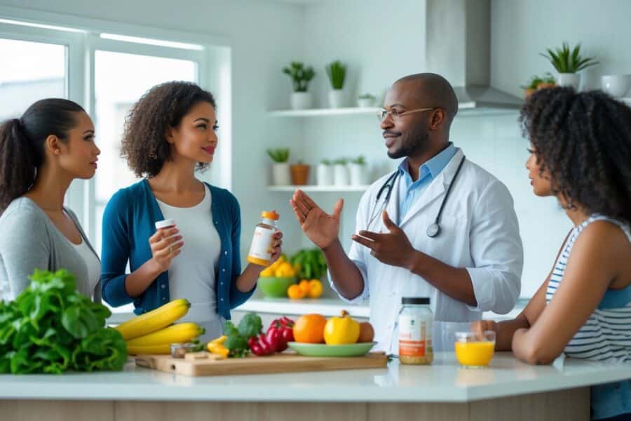 Mulher segurando um frasco de suplemento em uma cozinha moderna, conversando com um especialista em nutrição.