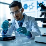 Cientista em laboratório manipulando frasco com instrumentos científicos ao redor, relacionado a pesquisa sobre perda de peso.