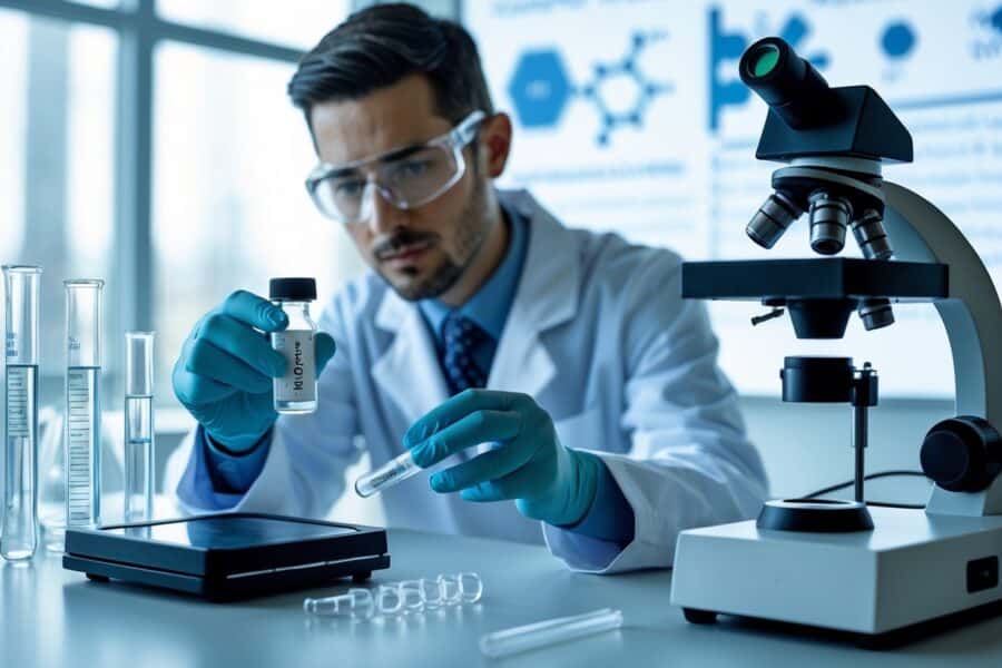 Cientista em laboratório manipulando frasco com instrumentos científicos ao redor, relacionado a pesquisa sobre perda de peso.