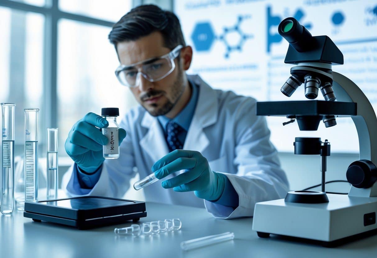 Cientista em laboratório manipulando frasco com instrumentos científicos ao redor, relacionado a pesquisa sobre perda de peso.