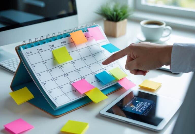 Mesa de trabalho com calendário, tablet e uma mão apontando para o calendário, com luz natural entrando pela janela.