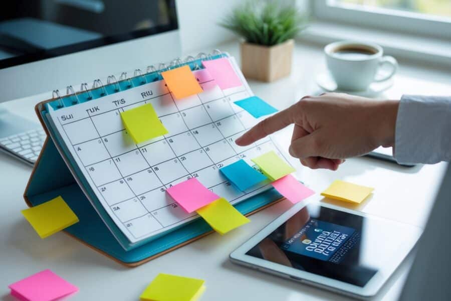 Mesa de trabalho com calendário, tablet e uma mão apontando para o calendário, com luz natural entrando pela janela.