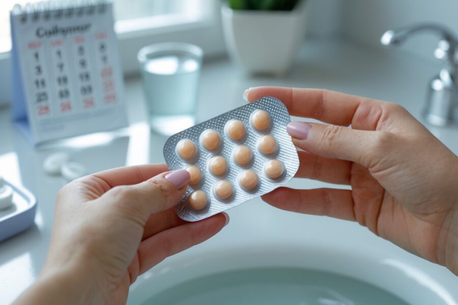 Mão de mulher segurando cartela de pílulas anticoncepcionais com calendário ao fundo.