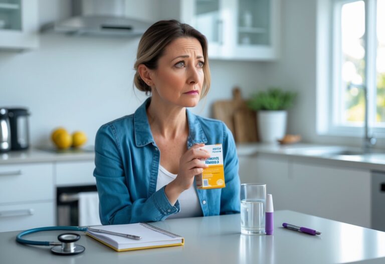 Mulher preocupada sentada à mesa da cozinha segurando um copo de água e uma caixa de remédio para alergia, com termômetro e estetoscópio sobre a mesa.