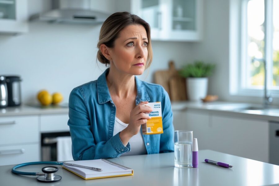 Mulher preocupada sentada à mesa da cozinha segurando um copo de água e uma caixa de remédio para alergia, com termômetro e estetoscópio sobre a mesa.