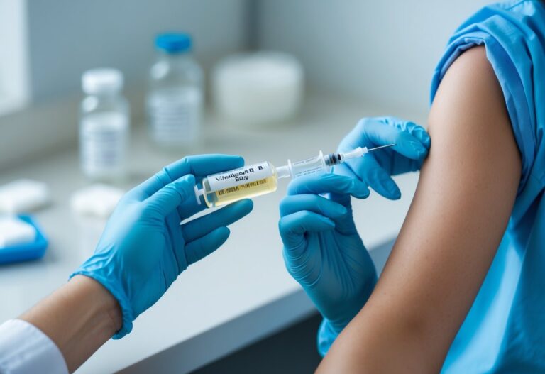 Profissional de saúde segurando uma seringa para aplicar vitamina B12 injetável no braço de um paciente.