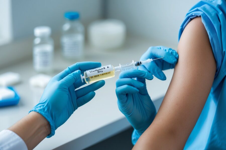 Profissional de saúde segurando uma seringa para aplicar vitamina B12 injetável no braço de um paciente.