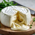 Pedaço de queijo cremoso e macio cortado, mostrando sua textura úmida e elástica sobre uma tábua de madeira com ervas frescas ao redor.
