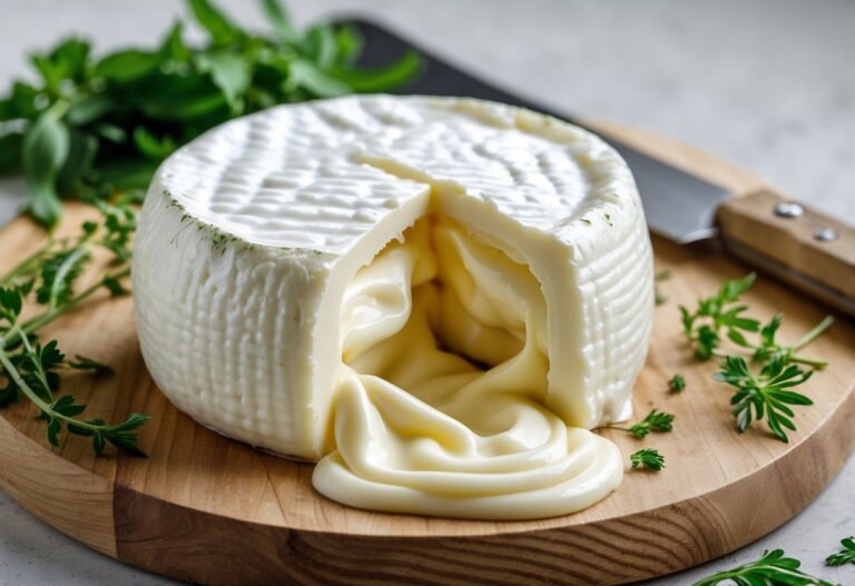 Pedaço de queijo cremoso e macio cortado, mostrando sua textura úmida e elástica sobre uma tábua de madeira com ervas frescas ao redor.