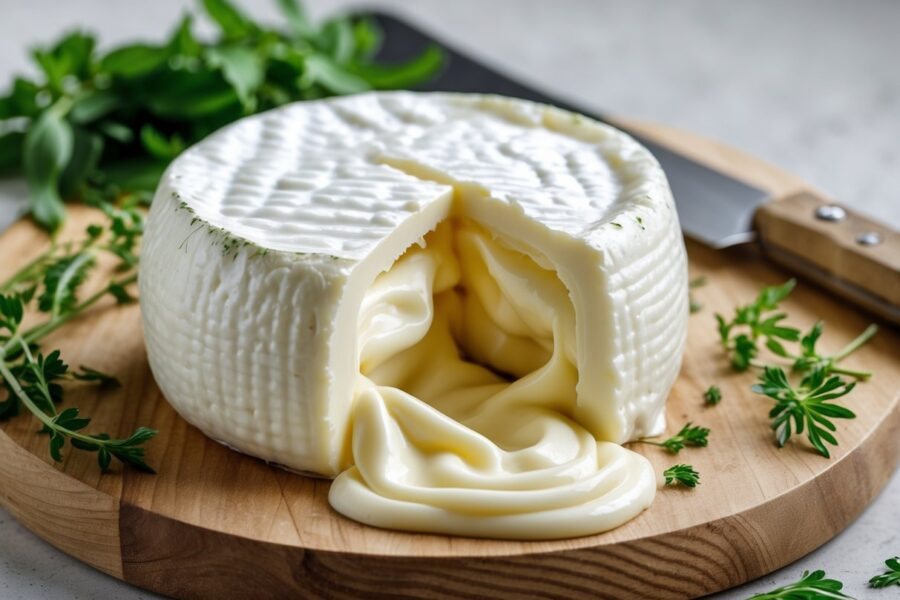 Pedaço de queijo cremoso e macio cortado, mostrando sua textura úmida e elástica sobre uma tábua de madeira com ervas frescas ao redor.