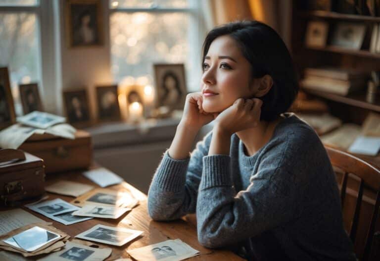 Pessoa pensativa sentada em uma sala aconchegante com fotografias antigas e cartas sobre uma mesa, olhando para o vazio com expressão reflexiva.