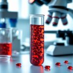 Imagem de um tubo de ensaio com sangue contendo alta concentração de glóbulos vermelhos em um laboratório.