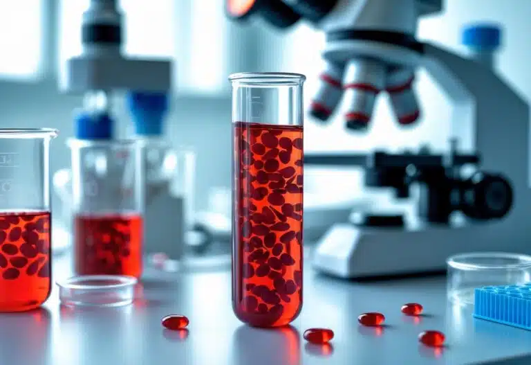 Imagem de um tubo de ensaio com sangue contendo alta concentração de glóbulos vermelhos em um laboratório.