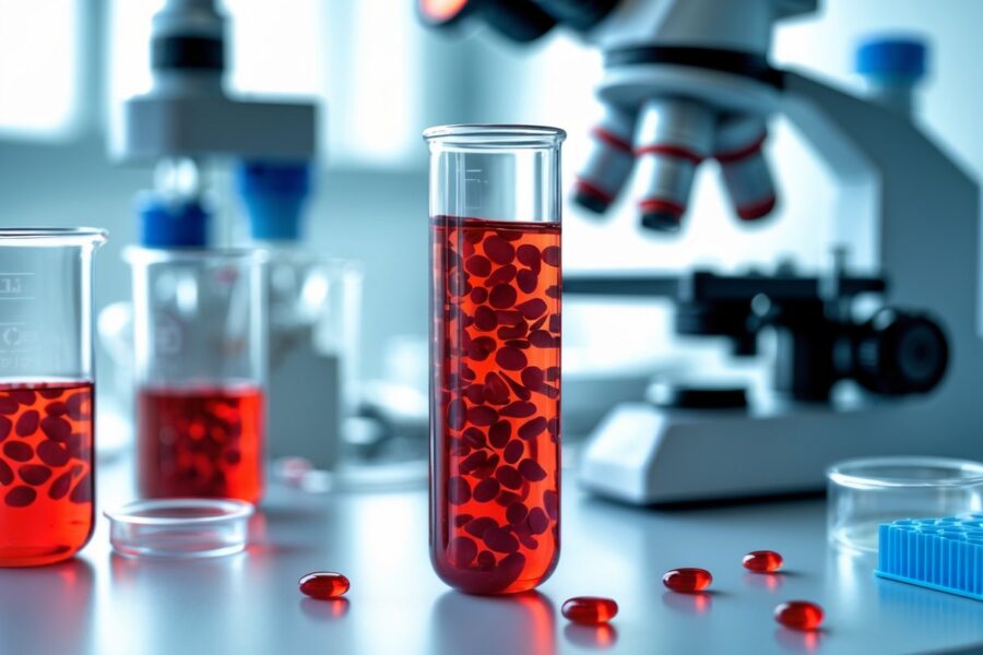 Imagem de um tubo de ensaio com sangue contendo alta concentração de glóbulos vermelhos em um laboratório.