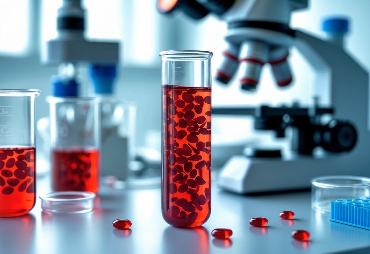 Imagem de um tubo de ensaio com sangue contendo alta concentração de glóbulos vermelhos em um laboratório.