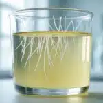 Frasco de vidro transparente contendo amostra de urina amarela clara com filamentos brancos de muco visíveis no interior.