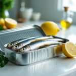Lata aberta de sardinhas em uma bancada de cozinha com fatias de limão e ervas frescas ao redor.