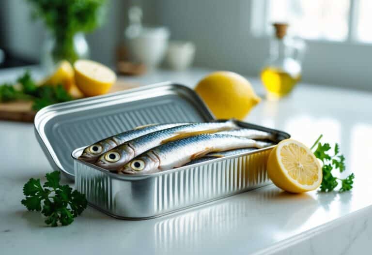 Lata aberta de sardinhas em uma bancada de cozinha com fatias de limão e ervas frescas ao redor.