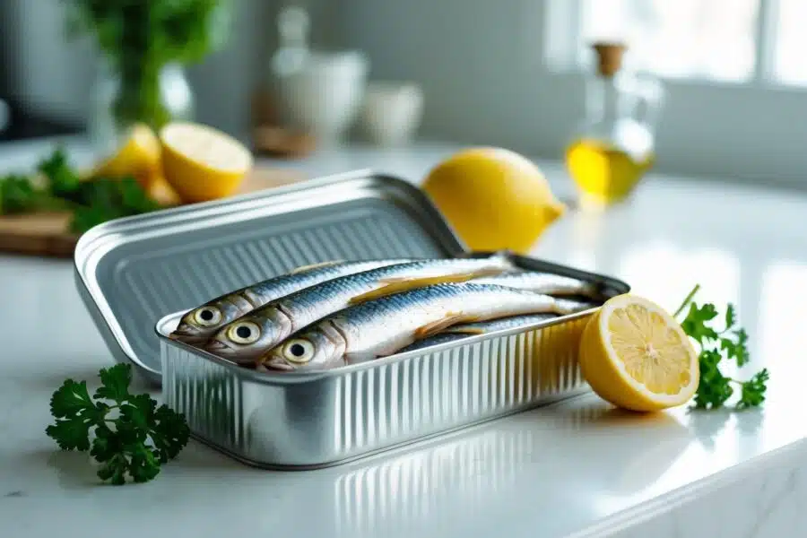 Lata aberta de sardinhas em uma bancada de cozinha com fatias de limão e ervas frescas ao redor.