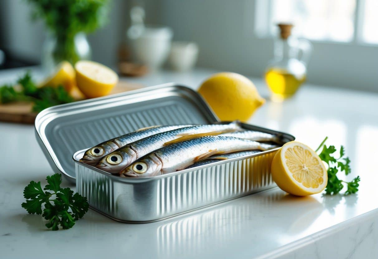 Lata aberta de sardinhas em uma bancada de cozinha com fatias de limão e ervas frescas ao redor.